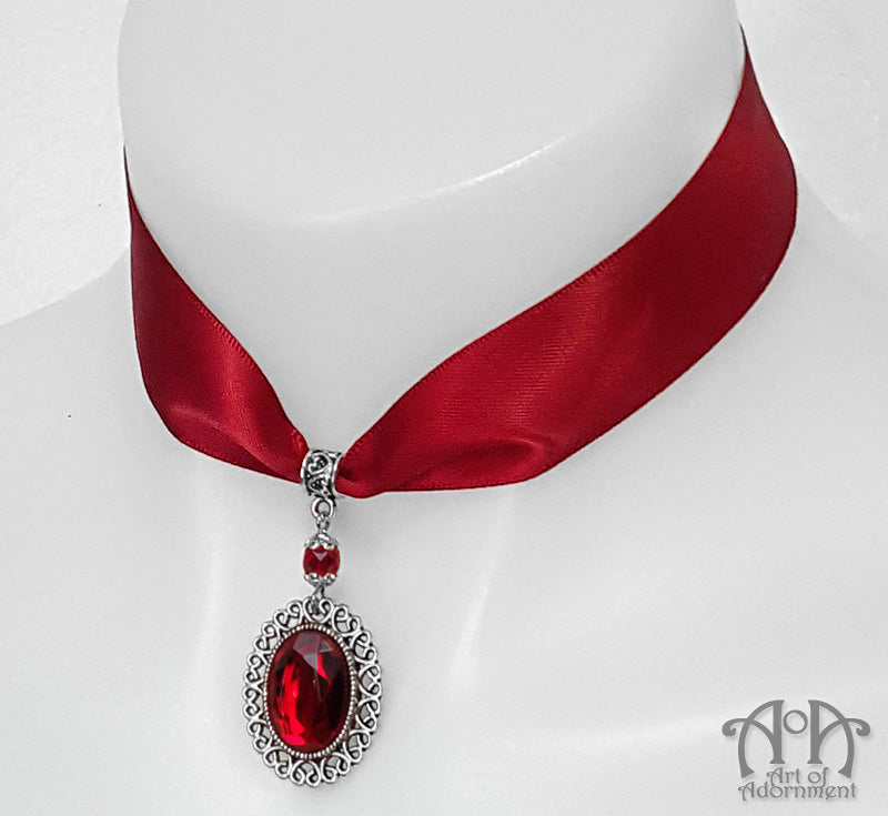 Sanguinari Crystal Pendant Red Satin Choker Necklace
