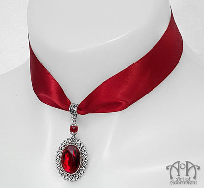 Sanguinari Crystal Pendant Red Satin Choker Necklace