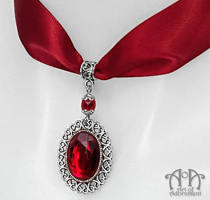 Sanguinari Crystal Pendant Red Satin Choker Necklace