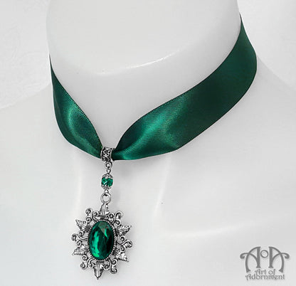 Sylvannia Crystal Pendant Green Satin Choker Necklace