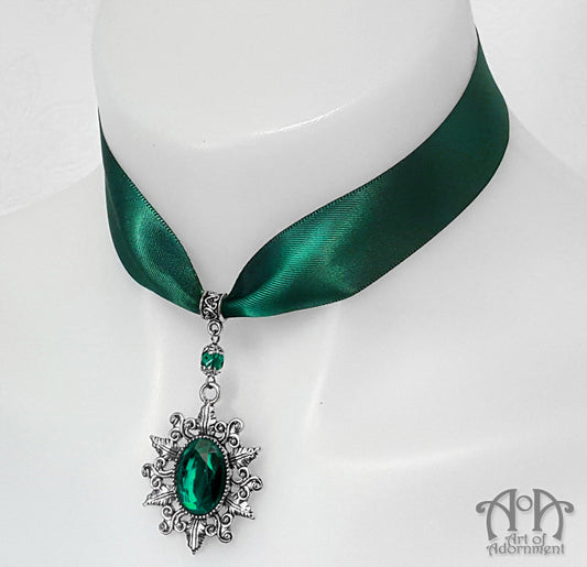 Sylvannia Crystal Pendant Green Satin Choker Necklace