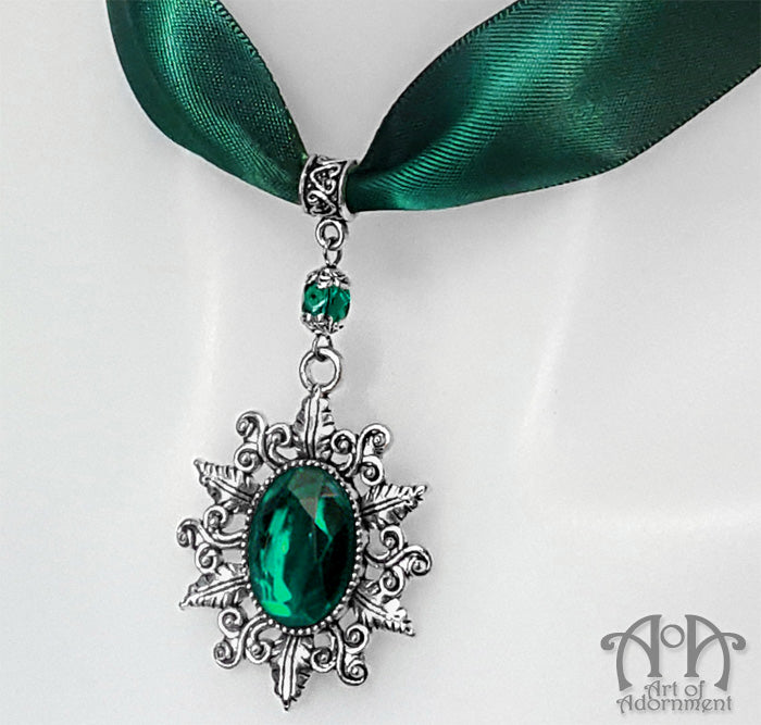 Sylvannia Crystal Pendant Green Satin Choker Necklace