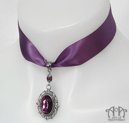 Vervaina Crystal Pendant Purple Satin Choker Necklace