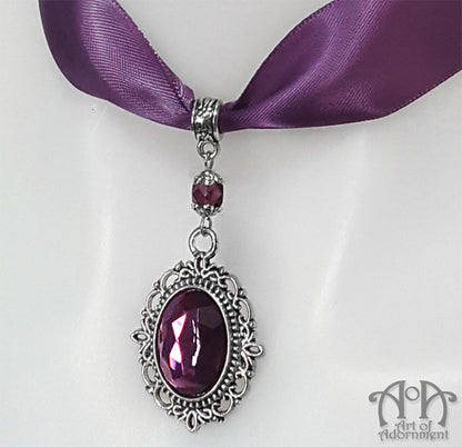 Vervaina Crystal Pendant Purple Satin Choker Necklace