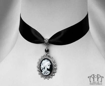 Gothic Lady Skull Cameo Black Satin Pendant Choker Necklace