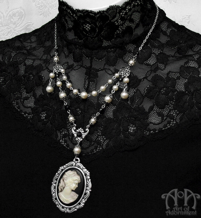 Patina Faux Pearl Beaded Victorian Cameo Pendant Necklace