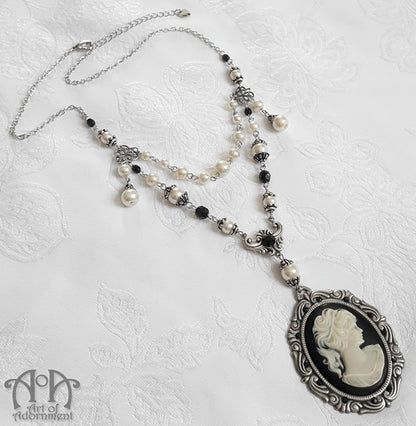 Patina Faux Pearl Beaded Victorian Cameo Pendant Necklace