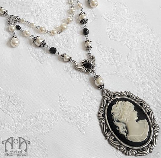 Patina Faux Pearl Beaded Victorian Cameo Pendant Necklace