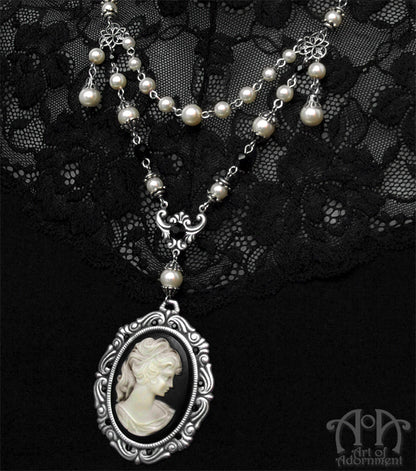 Patina Faux Pearl Beaded Victorian Cameo Pendant Necklace