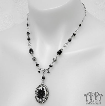 Luminosa Black Rose Cameo Beaded Pendant Necklace