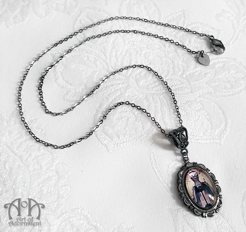 Gothic Gunmetal Glass Corset Cameo Pendant Necklace