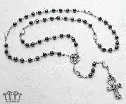 Elemental Gothic Ankh Hematite Rosary Necklace