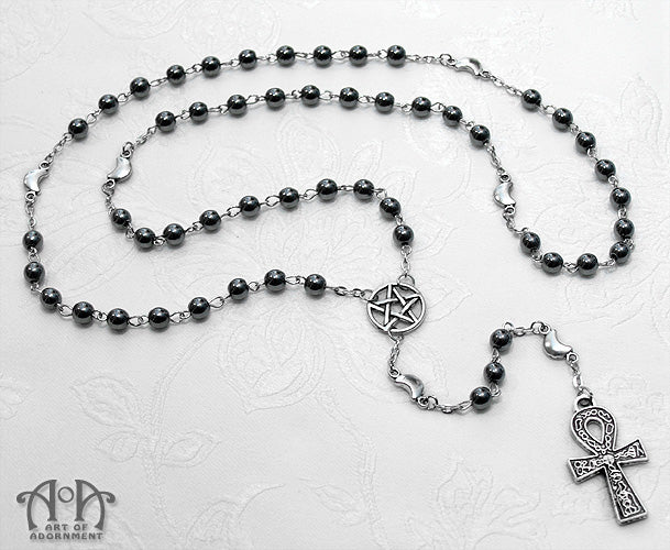 Elemental Gothic Ankh Hematite Rosary Necklace