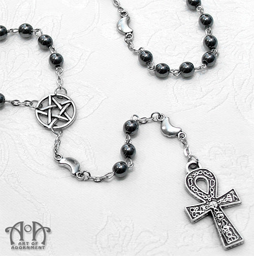 Elemental Gothic Ankh Hematite Rosary Necklace