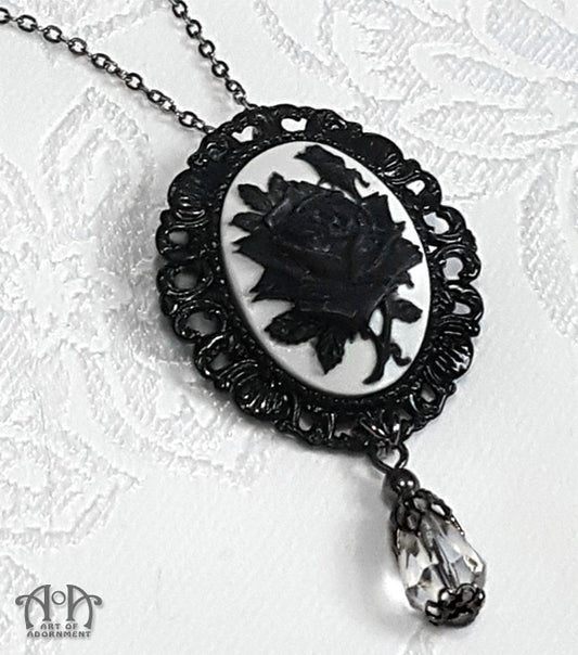 Luminosa Gothic Black Rose Cameo Pendant Necklace/Brooch