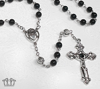 Nocturne Black Glass Beaded Rosary Necklace