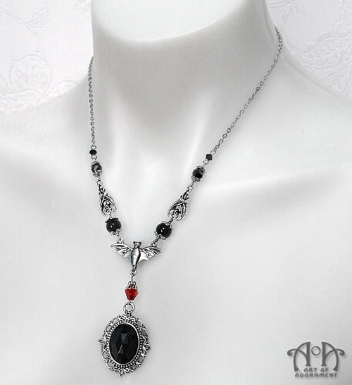 Gothic Triple Bat Black Crystal Pendant Necklace