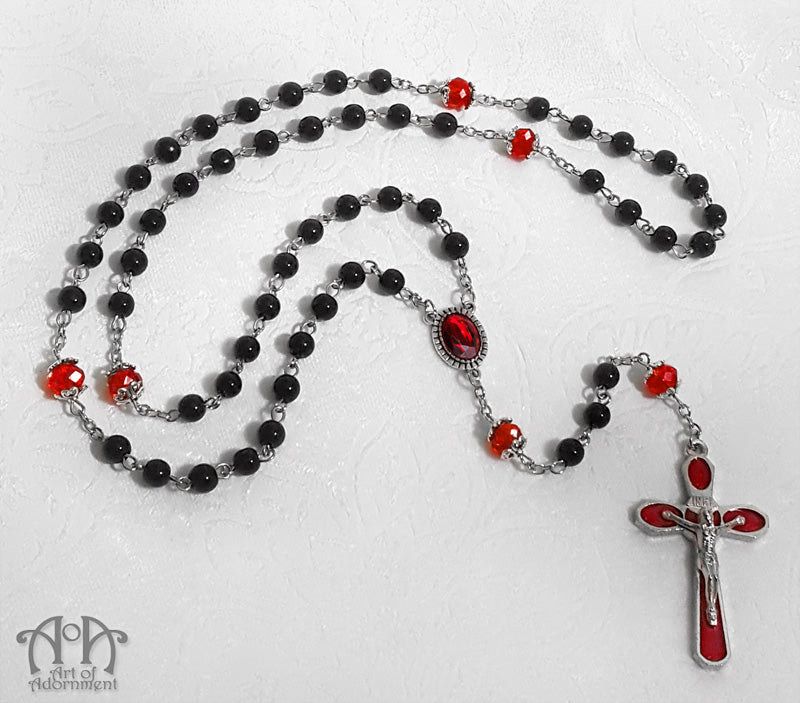 Sanguinari Black & Red Glass Beaded Rosary Necklace