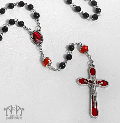 Sanguinari Black & Red Glass Beaded Rosary Necklace