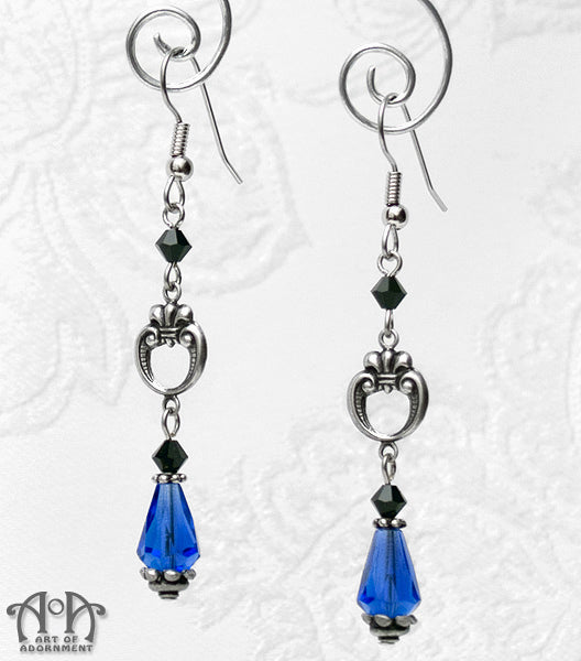 Celestia Blue & Black Fleur-De-Lis Crystal Teardrop Earrings