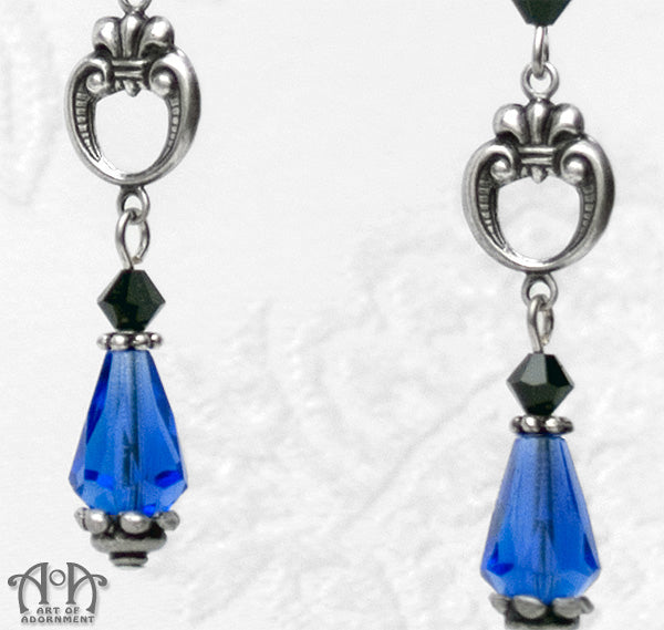 Celestia Blue & Black Fleur-De-Lis Crystal Teardrop Earrings