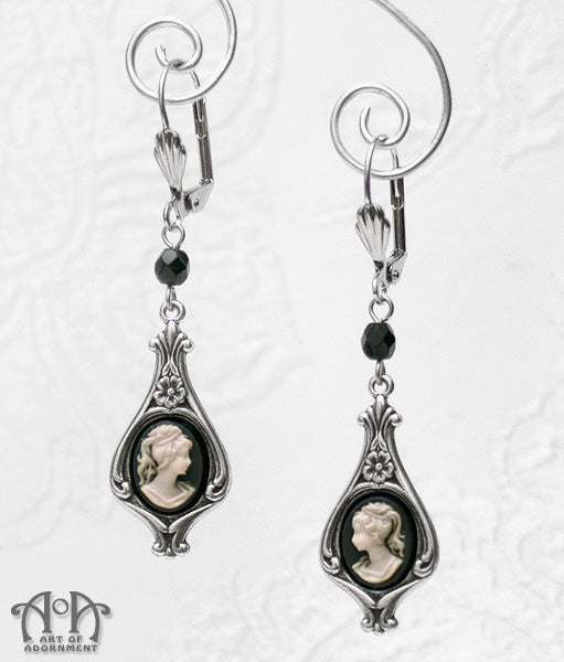 Patina Black & Ivory Steampunk Art Nouveau Cameo Earrings