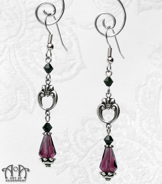 Vervaina Purple & Black Fleur-De-Lis Teardrop Earrings