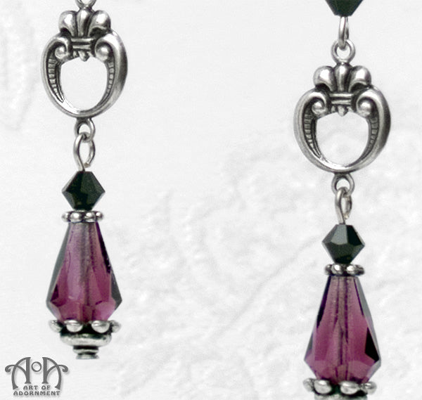 Vervaina Purple & Black Fleur-De-Lis Teardrop Earrings