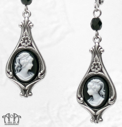 Luminosa Black & White Art Nouveau Cameo Drop Earrings