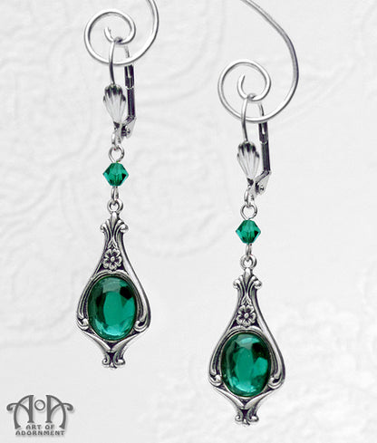 Sylvannia Green Crystal Victorian Art Nouveau Earrings