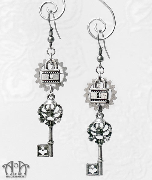Argenta Gothic Skull Lock Skeleton Key Earrings Art of Adornment