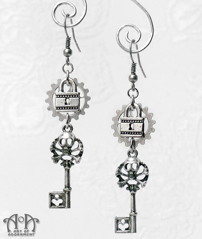 Argenta Gothic Skull Lock & Skeleton Key Earrings