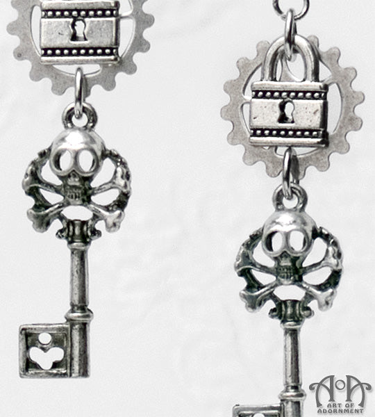 Argenta Gothic Skull Lock & Skeleton Key Earrings