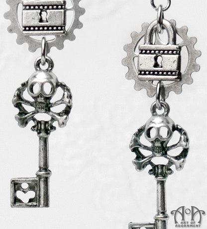 Argenta Gothic Skull Lock & Skeleton Key Earrings