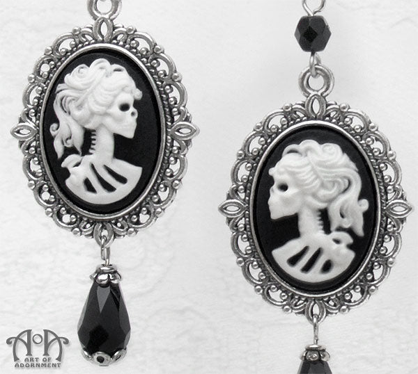 Luminosa Gothic Lady Skull Cameo Filigree Drop Earrings