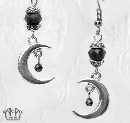 Gothic Hematite Beaded Crescent Moon Earrings