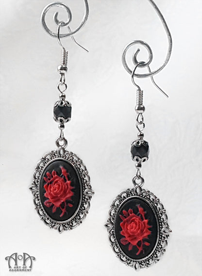 Sanguinari Red & Black Gothic Rose Cameo Earrings