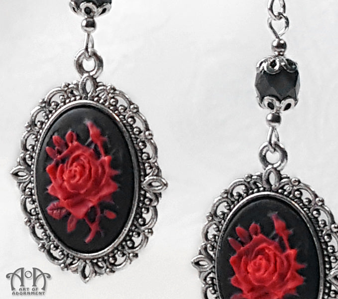 Sanguinari Red & Black Gothic Rose Cameo Earrings