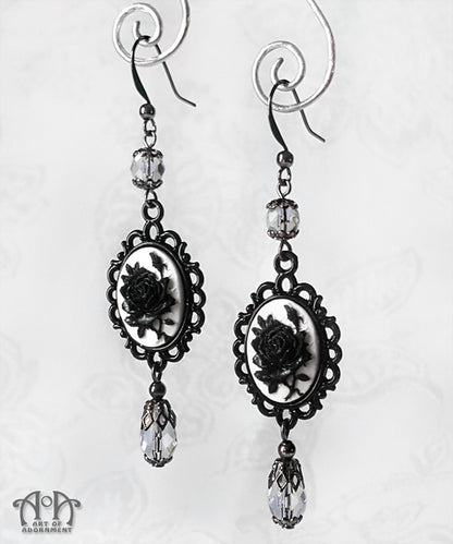 Luminosa White & Black Gothic Rose Cameo Earrings