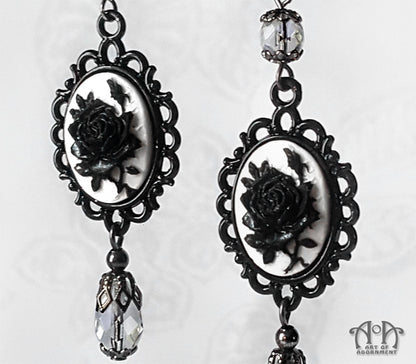 Luminosa White & Black Gothic Rose Cameo Earrings