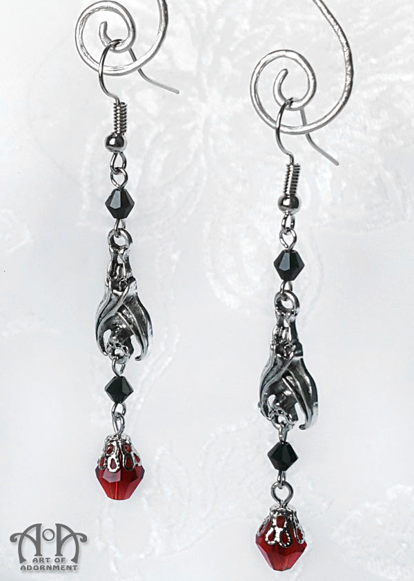 Sanguinari Sleepy Bat Black & Red Crystal Beaded Earrings