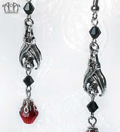 Sanguinari Sleepy Bat Black & Red Crystal Beaded Earrings
