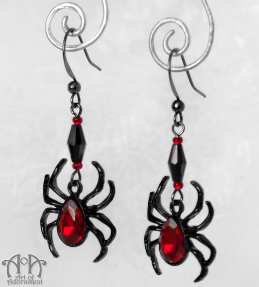 Lucrezia Gothic Black Widow Red Crystal Spider Earrings