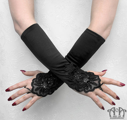 Black Satin Beaded Appliqué Fingerless Elbow Length Gloves