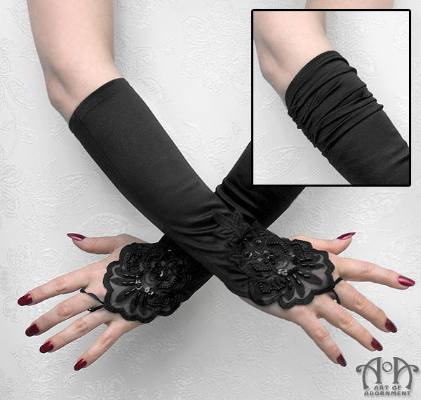 Black Satin Beaded Appliqué Fingerless Elbow Length Gloves