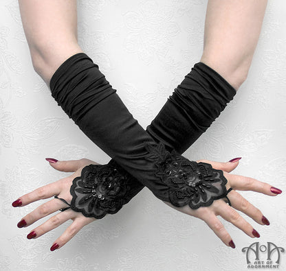 Black Satin Beaded Appliqué Fingerless Elbow Length Gloves