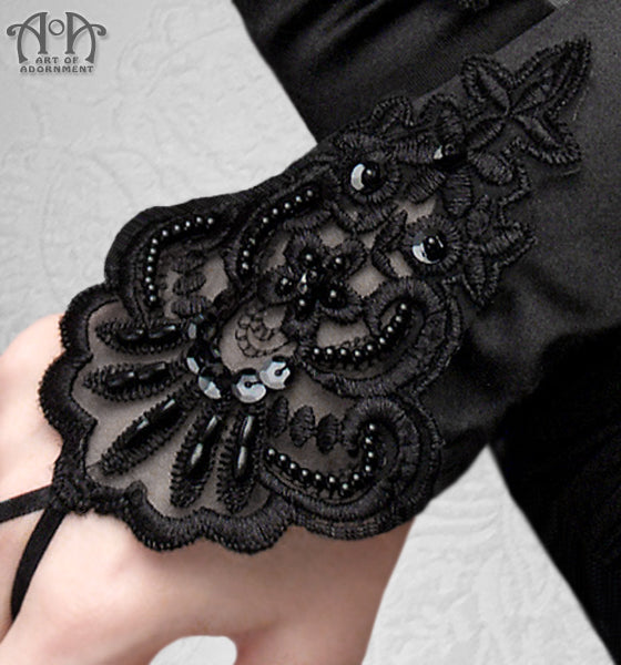 Black Satin Beaded Appliqué Fingerless Elbow Length Gloves