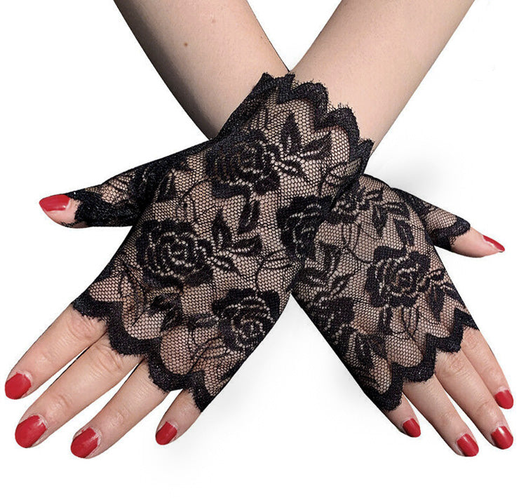 Black Stretch Lace Wrist Length Fingerless Gloves