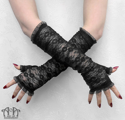 Black Lace & Chiffon Elbow Length Fingerless Gloves