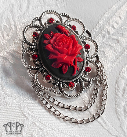 Sanguinari Red & Black Gothic Rose Cameo Brooch